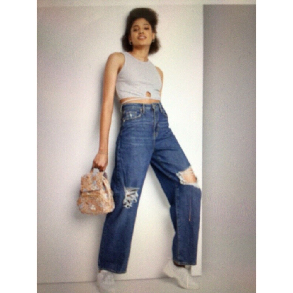 Wild Fable Women's Baggy Jeans Size 0 Highest Rise Distressed Medium Blue